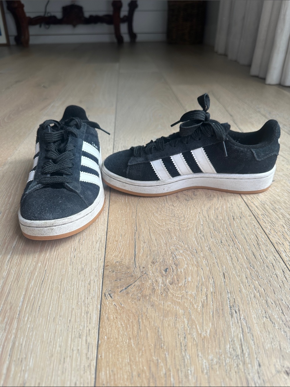 adidas campus Black Suede Sneakers with White Stripes and Gum Sole